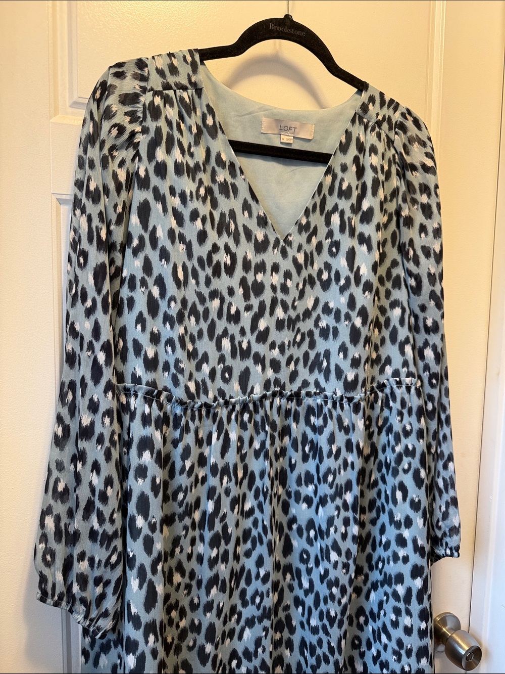 LOFT Light Blue and Black Leopard Print Long Sleeve V-Neck Dress